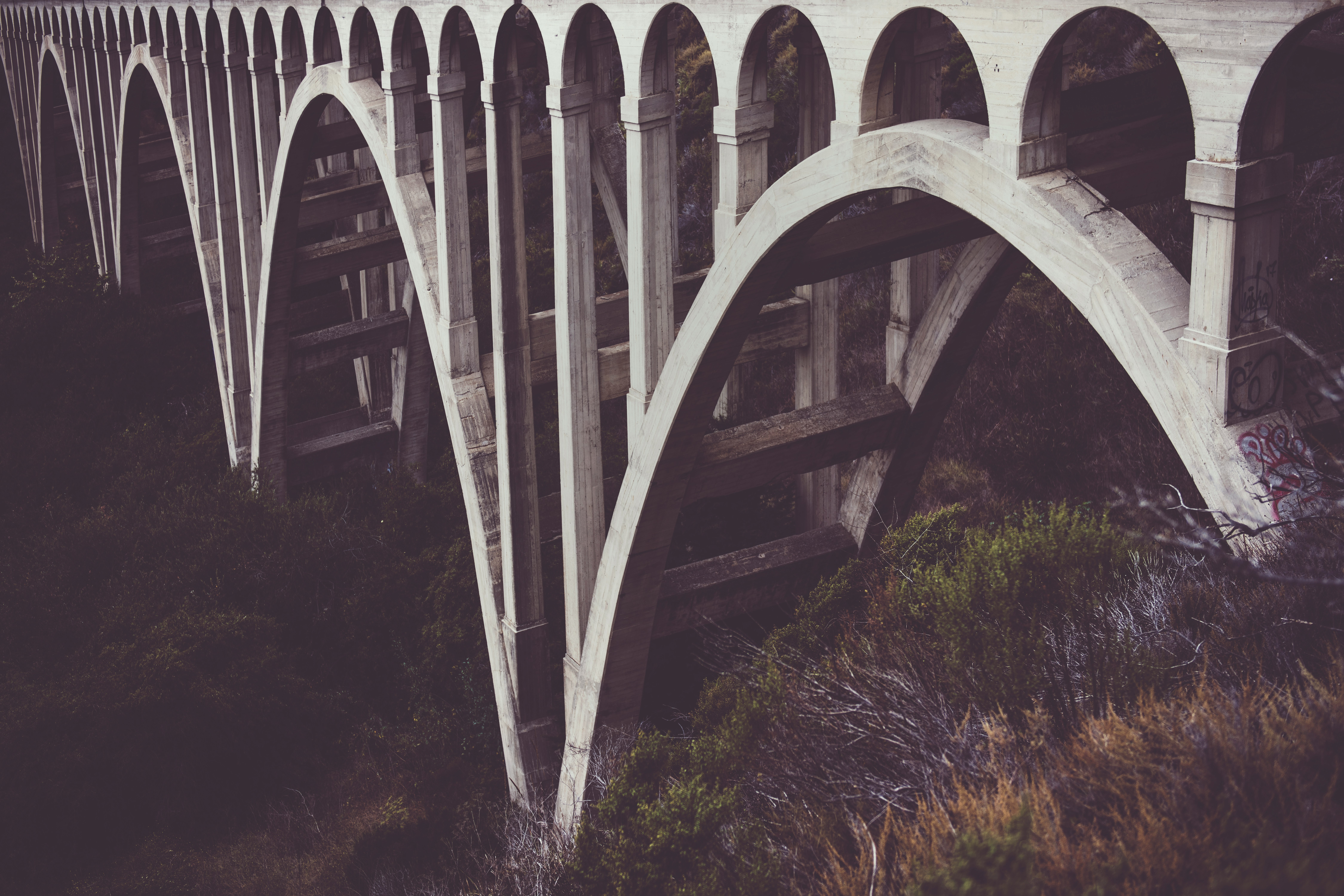 grayscale photography suspension bridge